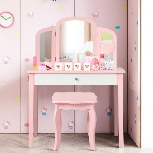 Kids Princess Make Up Dressing Table with Tri-folding Mirror and Chair-Pink LuxuryLifeWay Online Store