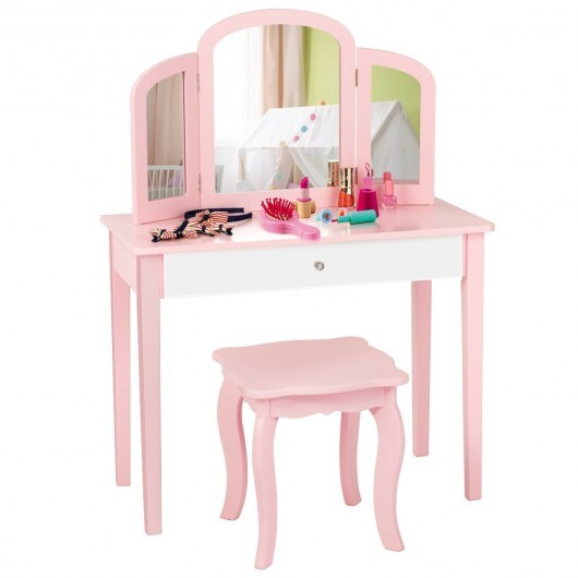 Kids Princess Make Up Dressing Table with Tri-folding Mirror and Chair-Pink LuxuryLifeWay Online Store