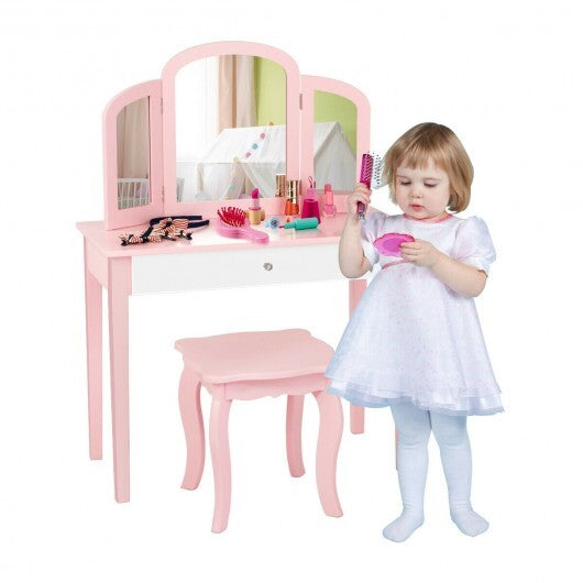 Kids Princess Make Up Dressing Table with Tri-folding Mirror and Chair-Pink LuxuryLifeWay Online Store