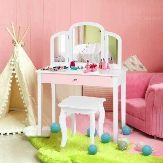 Kids Princess Make Up Dressing Table with Tri-folding Mirror and Chair-Pink LuxuryLifeWay Online Store