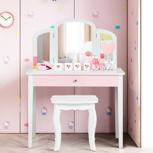 Kids Princess Make Up Dressing Table with Tri-folding Mirror and Chair-Pink LuxuryLifeWay Online Store