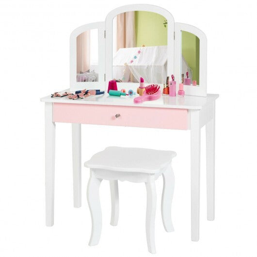 Kids Princess Make Up Dressing Table with Tri-folding Mirror and Chair-Pink LuxuryLifeWay Online Store