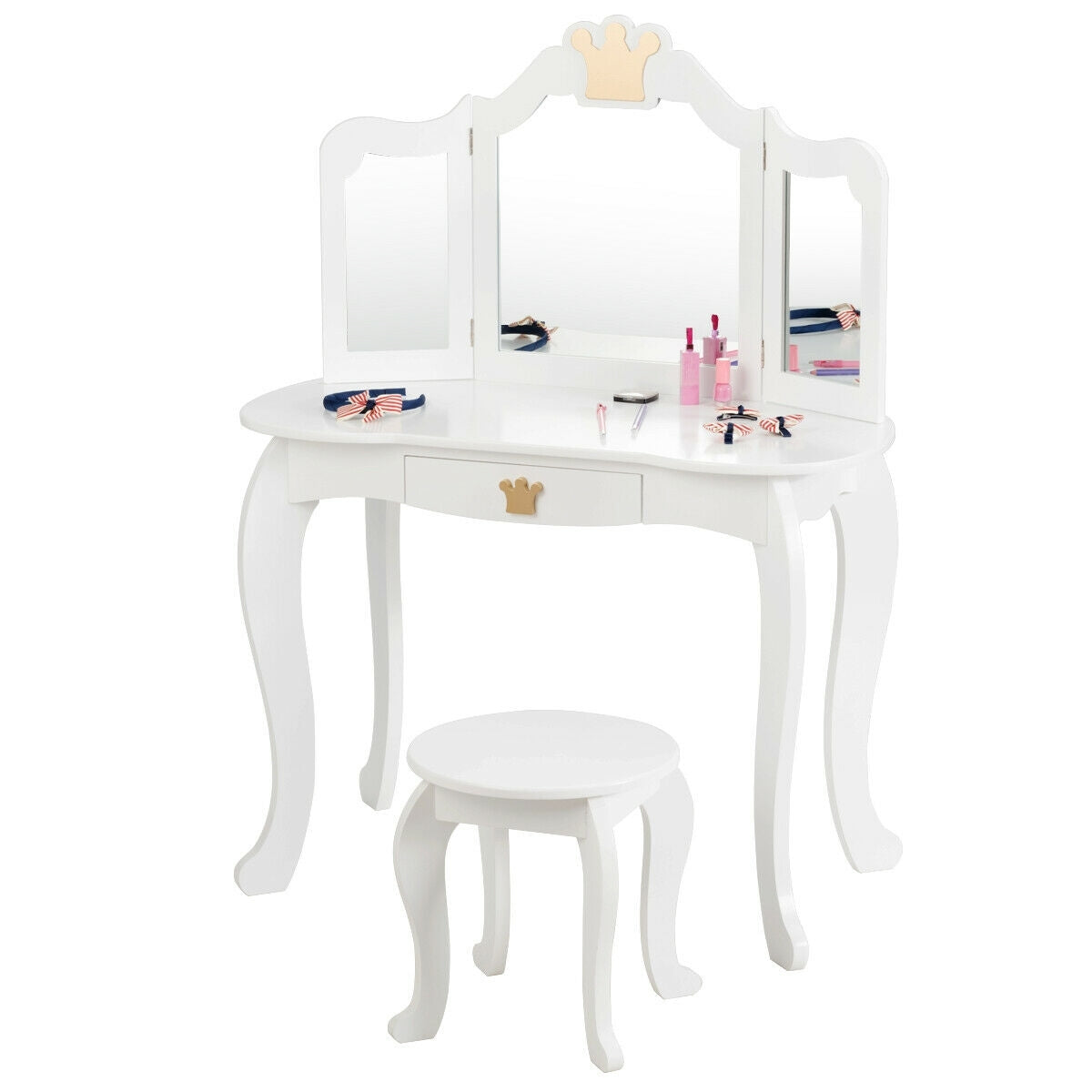 Kids Makeup Dressing Table with Tri-folding Mirror and Stool-White - Color: White LuxuryLifeWay Online Store