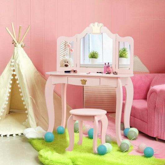 Kids Makeup Dressing Table with Tri-folding Mirror and Stool-Pink LuxuryLifeWay Online Store