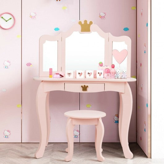 Kids Makeup Dressing Table with Tri-folding Mirror and Stool-Pink LuxuryLifeWay Online Store