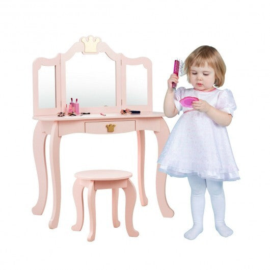 Kids Makeup Dressing Table with Tri-folding Mirror and Stool-Pink LuxuryLifeWay Online Store