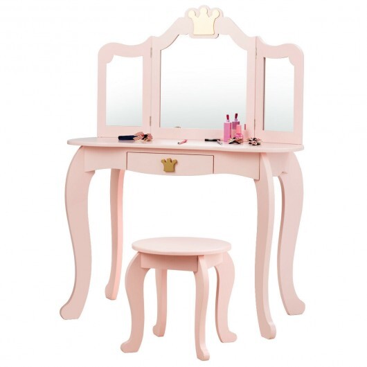 Kids Makeup Dressing Table with Tri-folding Mirror and Stool-Pink LuxuryLifeWay Online Store