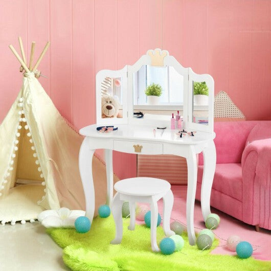 Kids Makeup Dressing Table with Tri-folding Mirror and Stool-Pink LuxuryLifeWay Online Store