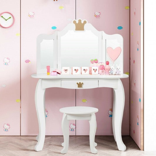 Kids Makeup Dressing Table with Tri-folding Mirror and Stool-Pink LuxuryLifeWay Online Store