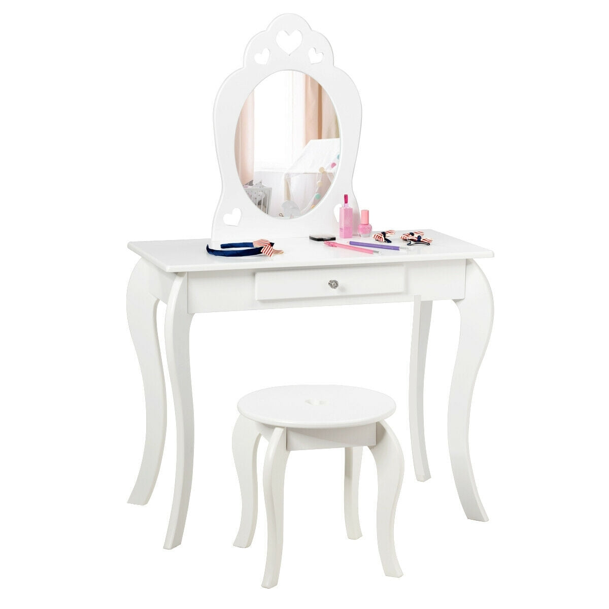 Kids Princess Makeup Dressing Play Table Set with Mirror-Off White - Color: Off White LuxuryLifeWay Online Store