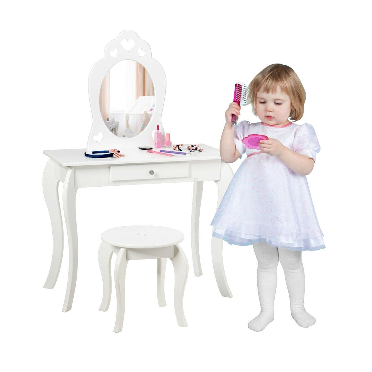 Kids Princess Makeup Dressing Play Table Set with Mirror-Off White - Color: Off White LuxuryLifeWay Online Store
