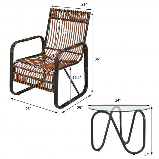 3 Pieces Patio Rattan Furniture Set with 2 Single Wicker Chairs and Glass Side Table LuxuryLifeWay Online Store