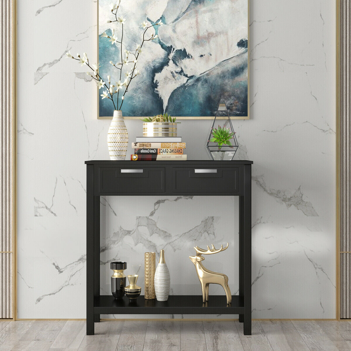 Narrow Console Table with Drawers and Open Storage Shelf-Black - Color: Black LuxuryLifeWay Online Store