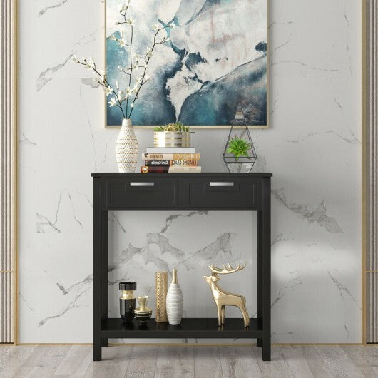 Narrow Console Table with Drawers and Open Storage Shelf-Black