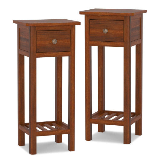 2 Tier Slim Nightstand Bedside Table with Drawer Shelf-Brown LuxuryLifeWay Online Store