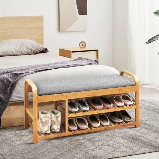 3-Tier Bamboo Shoe Rack Bench with Cushion-Natural LuxuryLifeWay Online Store