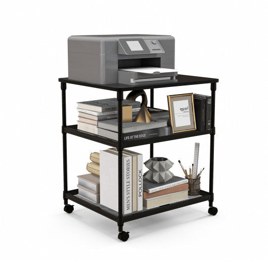 3 Tier Printer Stand Rolling Fax Cart with Adjustable Shelf and Swivel Wheels-Black LuxuryLifeWay Online Store