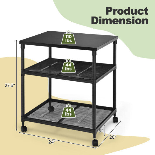 3 Tier Printer Stand Rolling Fax Cart with Adjustable Shelf and Swivel Wheels-Black LuxuryLifeWay Online Store
