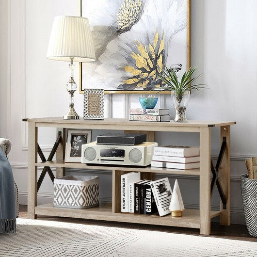 3 Tier Wood TV Stand for 55-Inch with Open Shelves and X-Shaped Frame-Brown