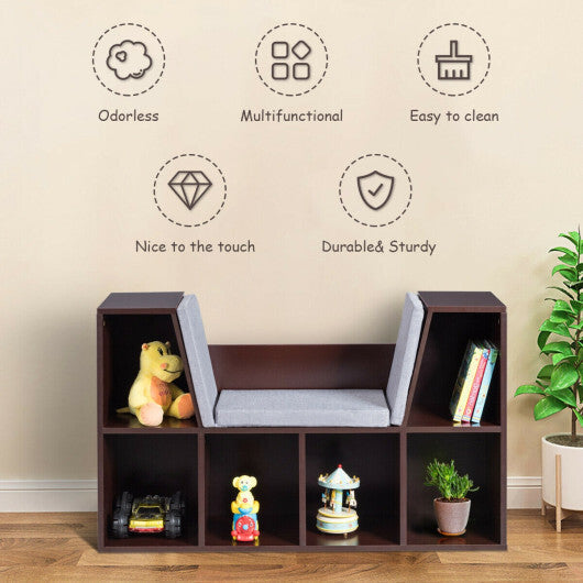 6-Cubby Kid Storage Bookcase Cushioned Reading Nook-Brown LuxuryLifeWay Online Store