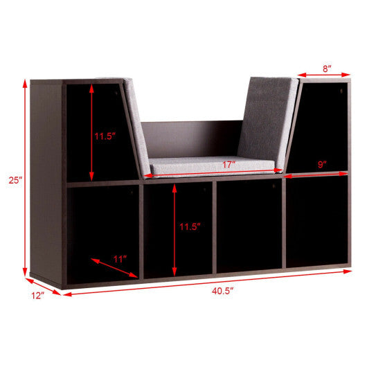 6-Cubby Kid Storage Bookcase Cushioned Reading Nook-Brown LuxuryLifeWay Online Store