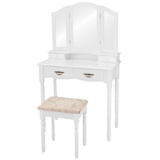 Simple Vanity Set with Tri-Folding Mirror Drawers and Storage Shelf-White LuxuryLifeWay Online Store
