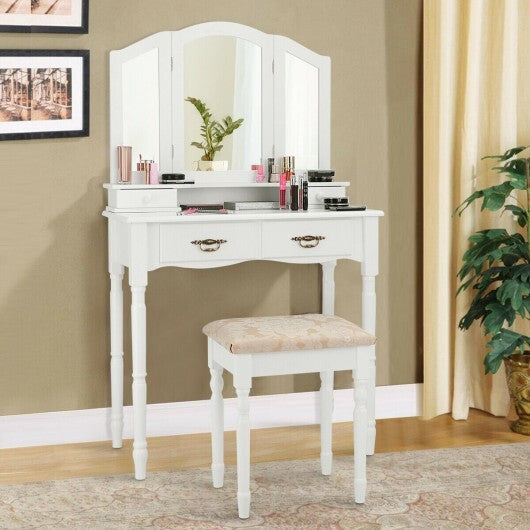 Simple Vanity Set with Tri-Folding Mirror Drawers and Storage Shelf-White LuxuryLifeWay Online Store