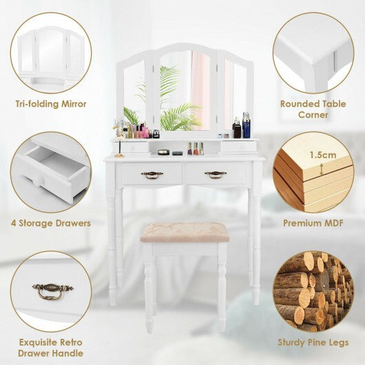 Simple Vanity Set with Tri-Folding Mirror Drawers and Storage Shelf-White LuxuryLifeWay Online Store