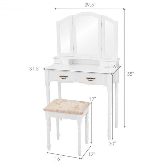 Simple Vanity Set with Tri-Folding Mirror Drawers and Storage Shelf-White LuxuryLifeWay Online Store