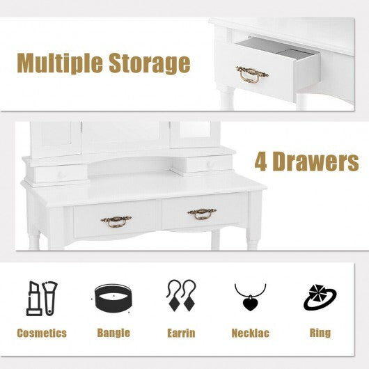 Simple Vanity Set with Tri-Folding Mirror Drawers and Storage Shelf-White LuxuryLifeWay Online Store