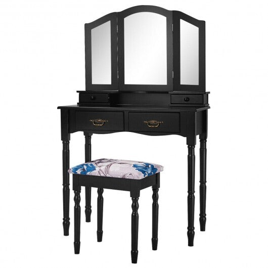 Simple Vanity Set with Tri-Folding Mirror Drawers and Storage Shelf-White LuxuryLifeWay Online Store