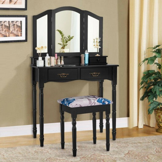 Simple Vanity Set with Tri-Folding Mirror Drawers and Storage Shelf-White LuxuryLifeWay Online Store