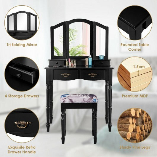 Simple Vanity Set with Tri-Folding Mirror Drawers and Storage Shelf-White LuxuryLifeWay Online Store