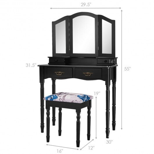 Simple Vanity Set with Tri-Folding Mirror Drawers and Storage Shelf-White LuxuryLifeWay Online Store
