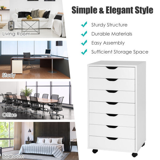7-Drawer Chest Storage Dresser Floor Cabinet Organizer with Wheels-White LuxuryLifeWay Online Store