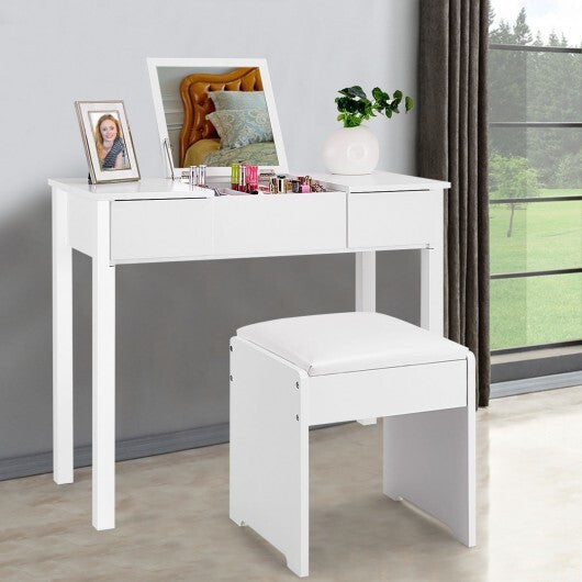 Vanity Makeup Dressing Table Set with Flip Top Mirror and Cushioned Stool-White