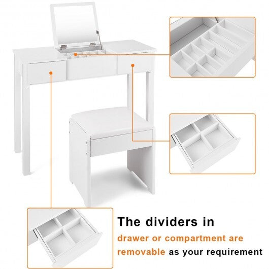Vanity Makeup Dressing Table Set with Flip Top Mirror and Cushioned Stool-White
