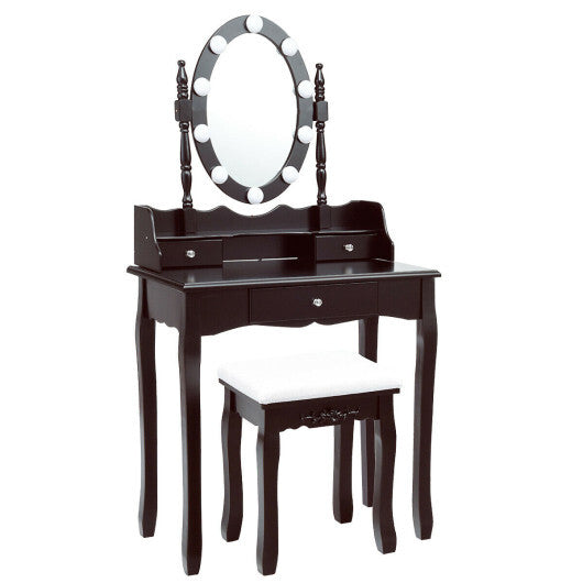 Oval Mirror Vanity Set  with 10 LED Dimmable Bulbs and 3 Drawers-Brown LuxuryLifeWay Online Store