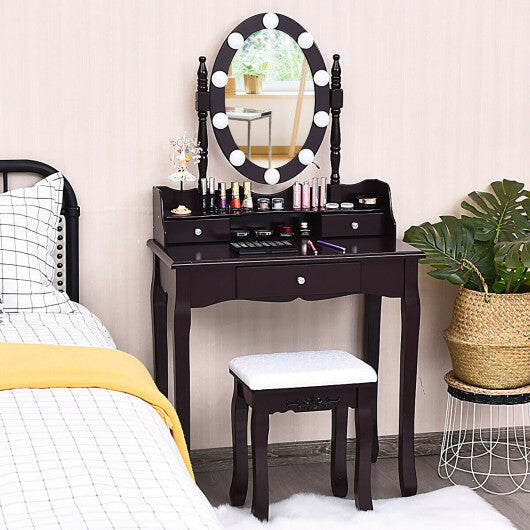 Oval Mirror Vanity Set  with 10 LED Dimmable Bulbs and 3 Drawers-Brown LuxuryLifeWay Online Store
