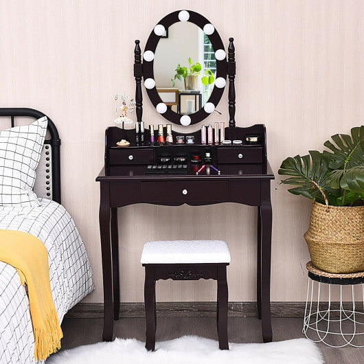 Oval Mirror Vanity Set  with 10 LED Dimmable Bulbs and 3 Drawers-Brown LuxuryLifeWay Online Store