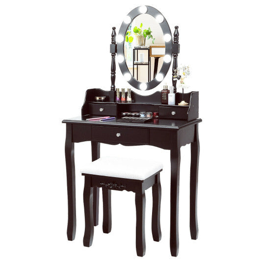 Oval Mirror Vanity Set  with 10 LED Dimmable Bulbs and 3 Drawers-Brown LuxuryLifeWay Online Store
