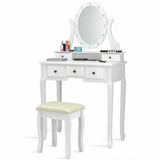 5 Drawers Vanity Table Stool Set with 12-LED Bulbs-Black LuxuryLifeWay Online Store