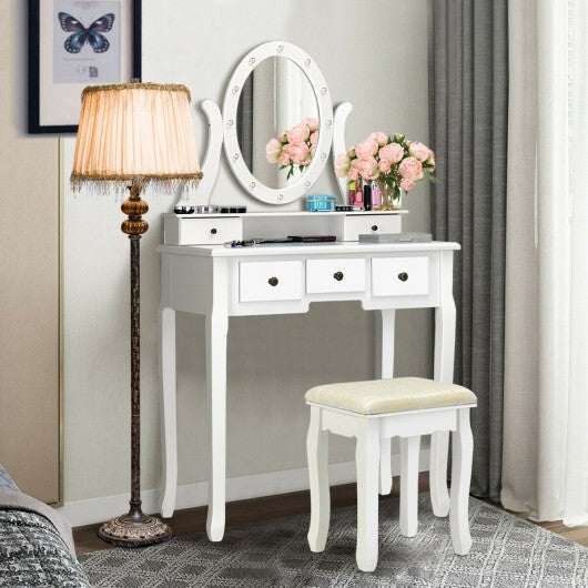 5 Drawers Vanity Table Stool Set with 12-LED Bulbs-Black LuxuryLifeWay Online Store