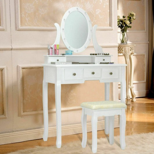 5 Drawers Vanity Table Stool Set with 12-LED Bulbs-Black LuxuryLifeWay Online Store