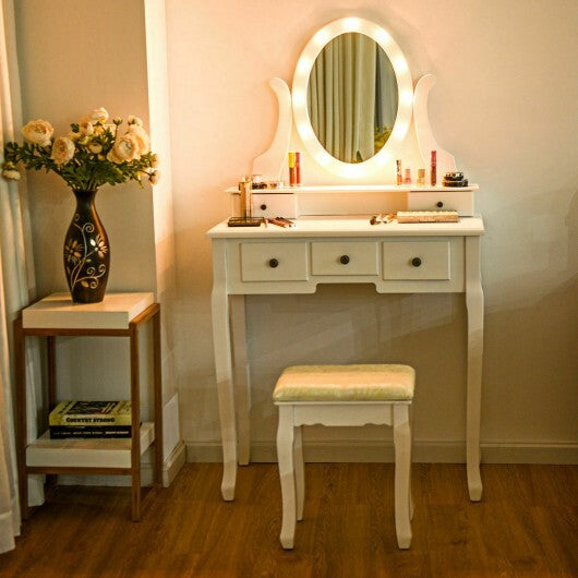 5 Drawers Vanity Table Stool Set with 12-LED Bulbs-Black LuxuryLifeWay Online Store
