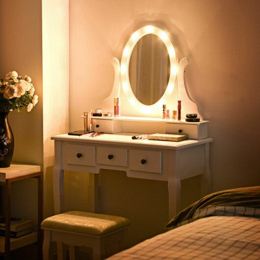5 Drawers Vanity Table Stool Set with 12-LED Bulbs-Black LuxuryLifeWay Online Store