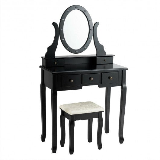 5 Drawers Vanity Table Stool Set with 12-LED Bulbs-Black LuxuryLifeWay Online Store