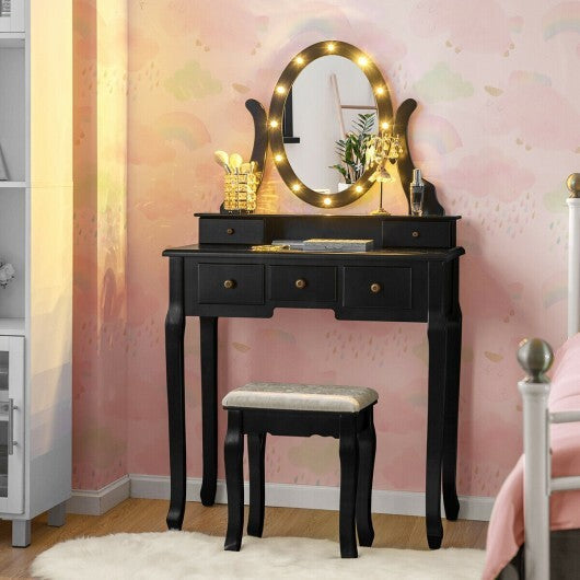 5 Drawers Vanity Table Stool Set with 12-LED Bulbs-Black LuxuryLifeWay Online Store