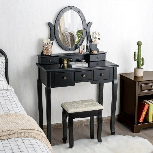 5 Drawers Vanity Table Stool Set with 12-LED Bulbs-Black LuxuryLifeWay Online Store
