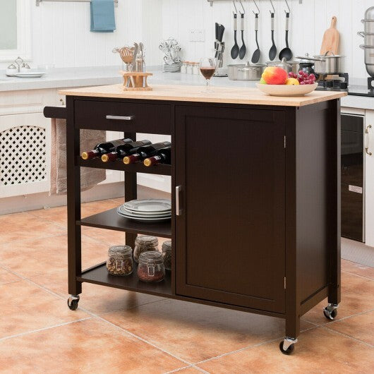 Kitchen Island Cart Rolling Serving Cart Wood Trolley-Brown